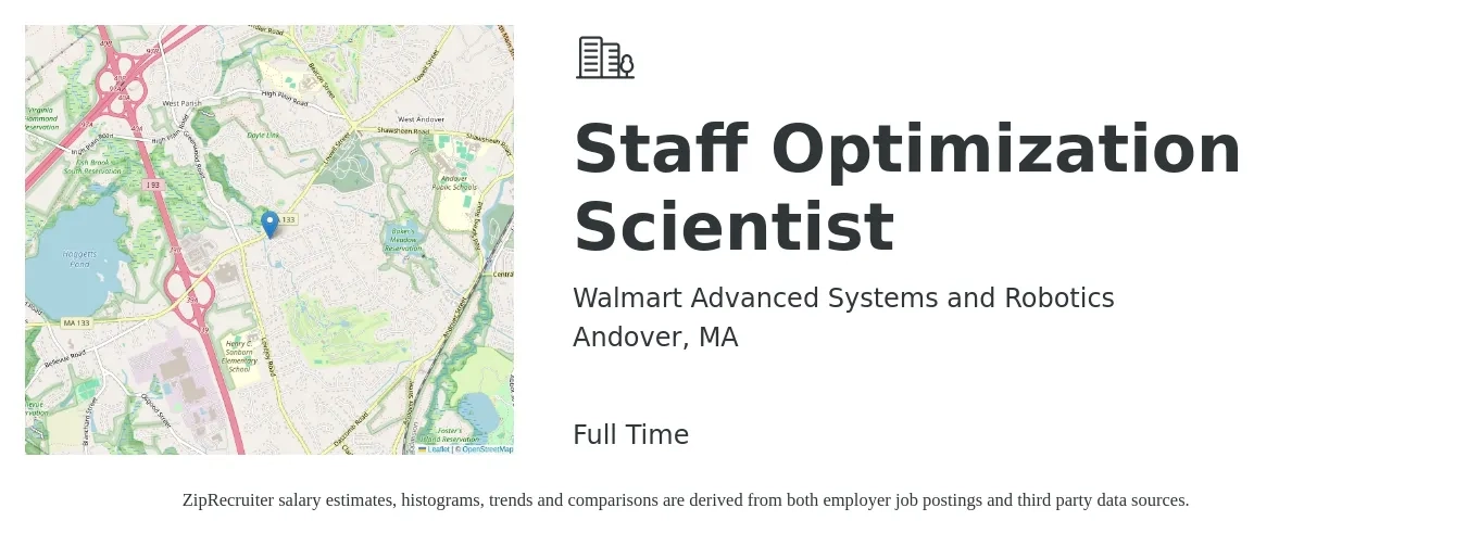 Walmart Advanced Systems and Robotics job posting for a Staff Optimization Scientist in Andover, MA with a salary of $60,300 to $112,900 Yearly with a map of Andover location.