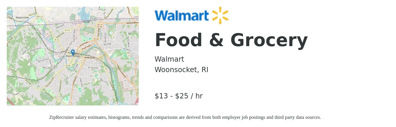 Walmart job posting for a Food & Grocery in Woonsocket, RI with a salary of $14 to $26 Hourly with a map of Woonsocket location.
