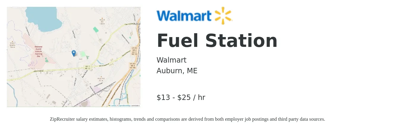 Walmart job posting for a Fuel Station in Auburn, ME with a salary of $14 to $26 Hourly with a map of Auburn location.