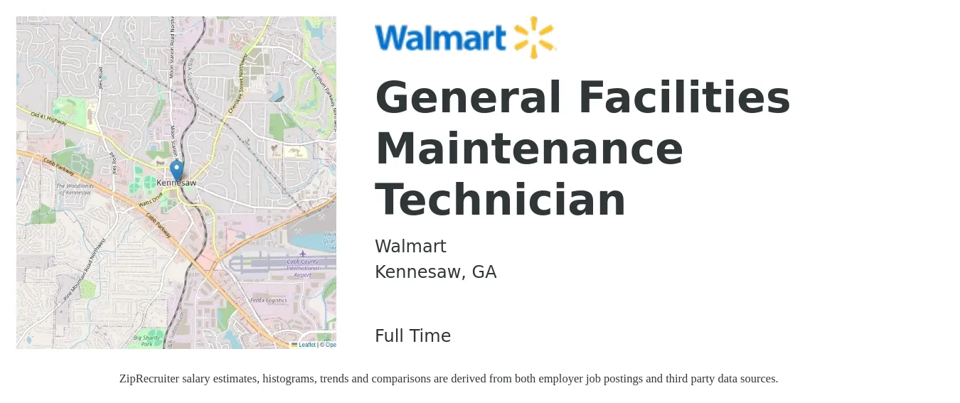 Walmart job posting for a General Facilities Maintenance Technician in Kennesaw, GA with a salary of $18 to $24 Hourly with a map of Kennesaw location.