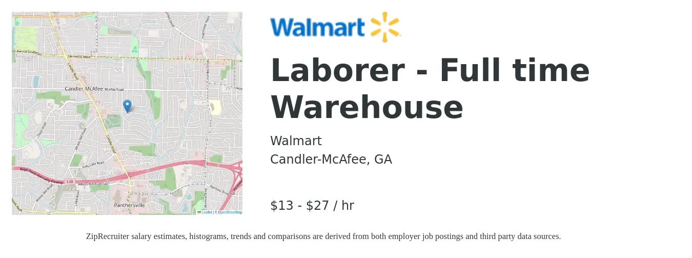 Walmart job posting for a Laborer - Full time Warehouse in Candler-McAfee, GA with a salary of $17 to $29 Hourly with a map of Candler-McAfee location.