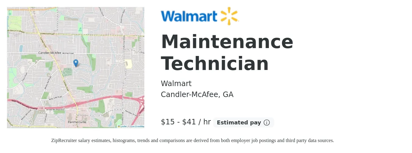 Walmart job posting for a Maintenance Technician in Candler-McAfee, GA with a salary of $16 to $43 Hourly with a map of Candler-McAfee location.