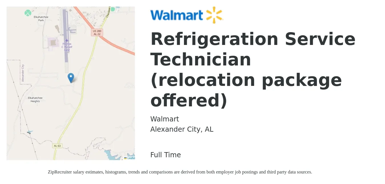 Walmart job posting for a Refrigeration Service Technician (relocation package offered) in Alexander City, AL with a salary of $22 to $30 Hourly with a map of Alexander City location.
