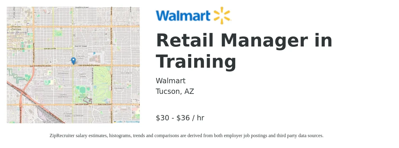 Walmart job posting for a Retail Manager in Training in Tucson, AZ with a salary of $31 to $38 Hourly with a map of Tucson location.