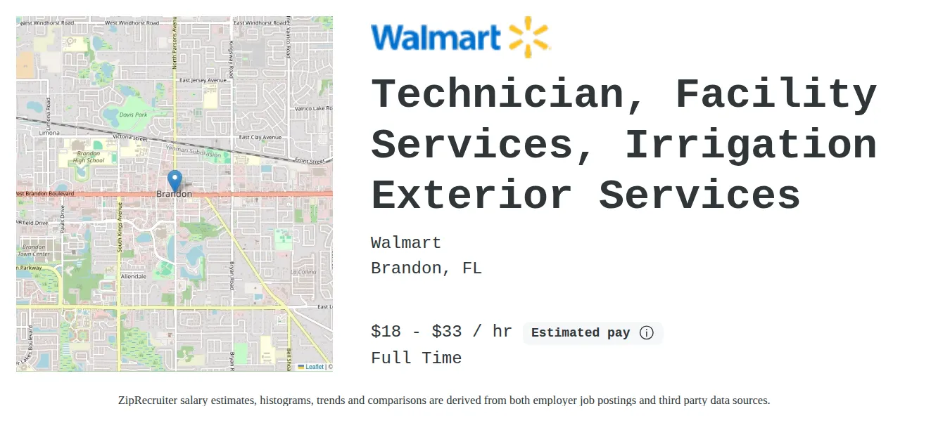 Walmart job posting for a Technician, Facility Services, Irrigation Exterior Services in Brandon, FL with a salary of $19 to $35 Hourly and benefits including Medical, Vision, Dental, PTO, Life, and Retirement with a map of Brandon location.