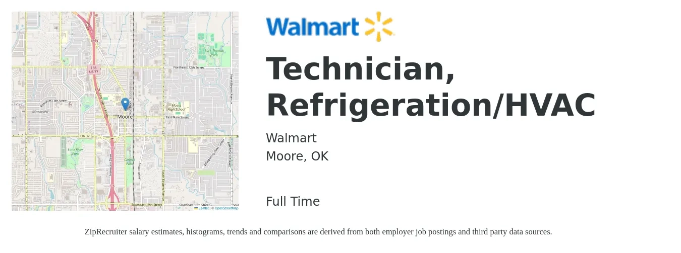 Walmart job posting for a Technician, Refrigeration/HVAC in Moore, OK with a salary of $24 to $33 Hourly with a map of Moore location.