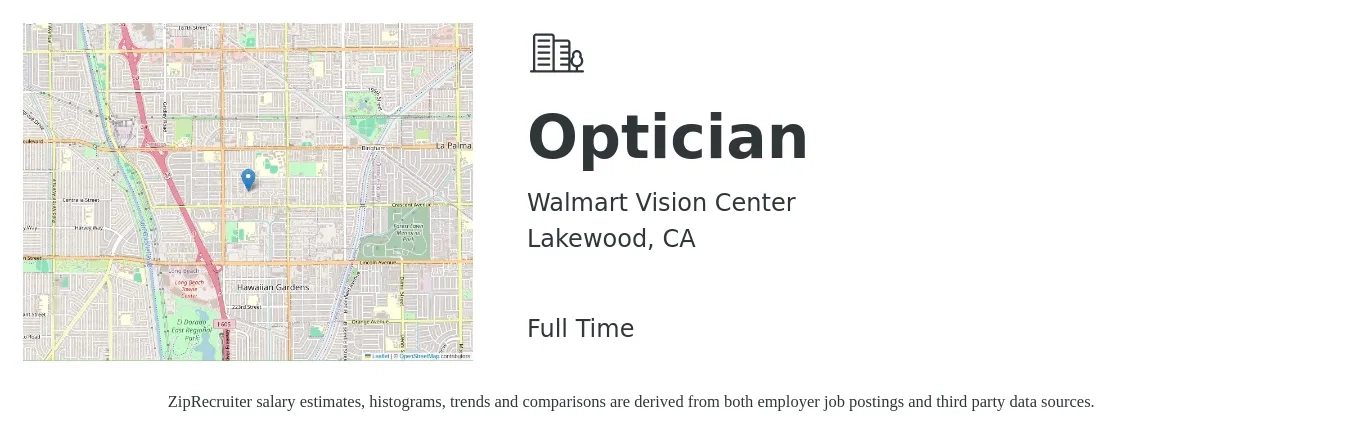 Walmart Vision Center job posting for a Optician in Lakewood, CA with a salary of $23 to $31 Hourly with a map of Lakewood location.