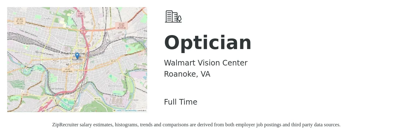 Walmart Vision Center job posting for a Optician in Roanoke, VA with a salary of $26 to $34 Hourly with a map of Roanoke location.