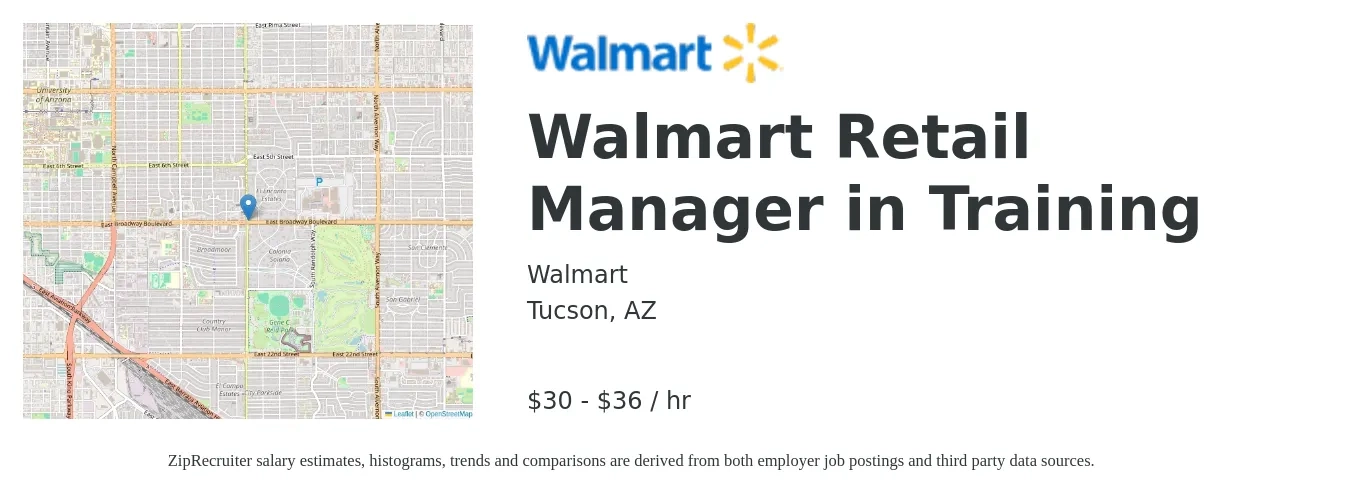 Walmart job posting for a Walmart Retail Manager in Training in Tucson, AZ with a salary of $31 to $38 Hourly with a map of Tucson location.