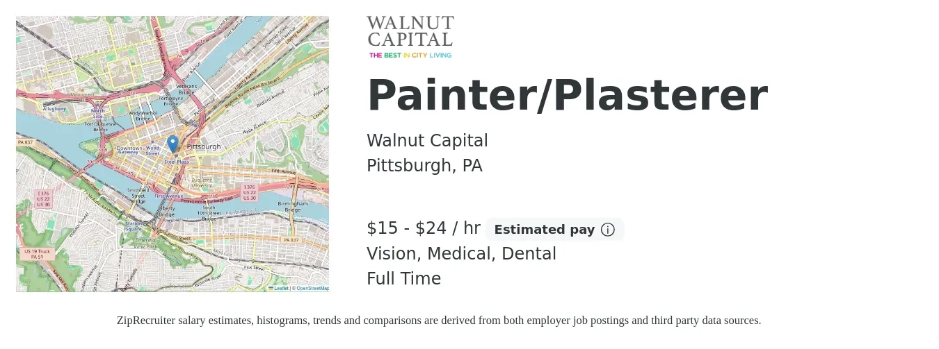 Walnut Capital job posting for a Painter/Plasterer in Pittsburgh, PA with a salary of $16 to $25 Hourly and benefits including dental, life_insurance, medical, retirement, and vision with a map of Pittsburgh location.