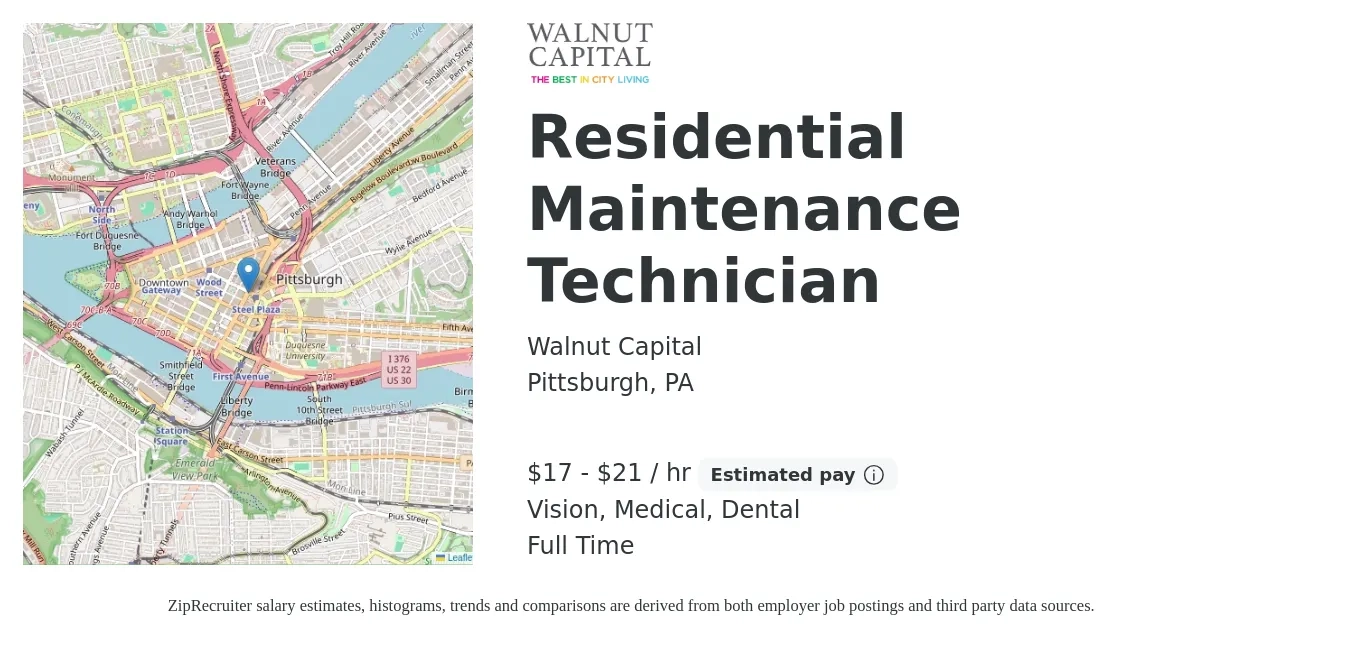 Walnut Capital job posting for a Residential Maintenance Technician in Pittsburgh, PA with a salary of $18 to $22 Hourly and benefits including dental, life_insurance, medical, pto, retirement, and vision with a map of Pittsburgh location.