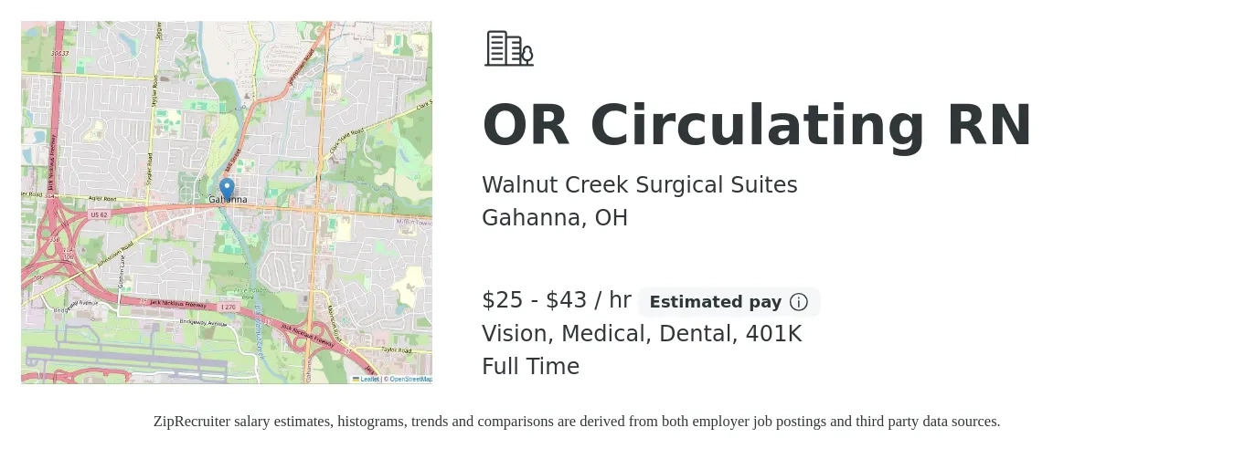Walnut Creek Surgical Suites job posting for a OR Circulating RN in Gahanna, OH with a salary of $27 to $45 Hourly and benefits including dental, life_insurance, medical, vision, and 401k with a map of Gahanna location.