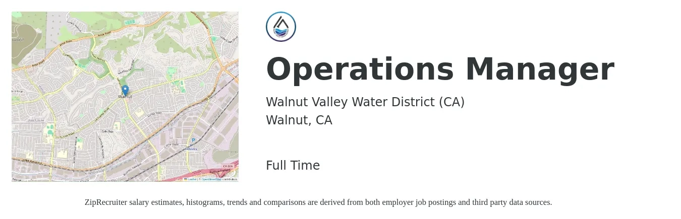 Walnut Valley Water District (CA) job posting for a Operations Manager in Walnut, CA with a salary of $42,600 to $80,600 Yearly with a map of Walnut location.