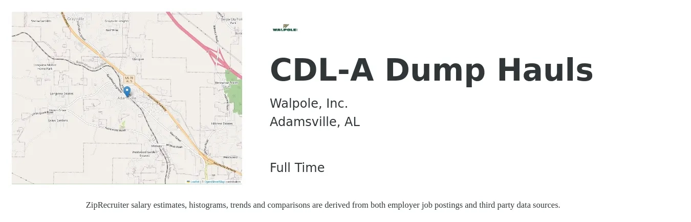 Walpole, Inc. job posting for a CDL-A Dump Hauls in Adamsville, AL with a salary of $1,000 Weekly with a map of Adamsville location.
