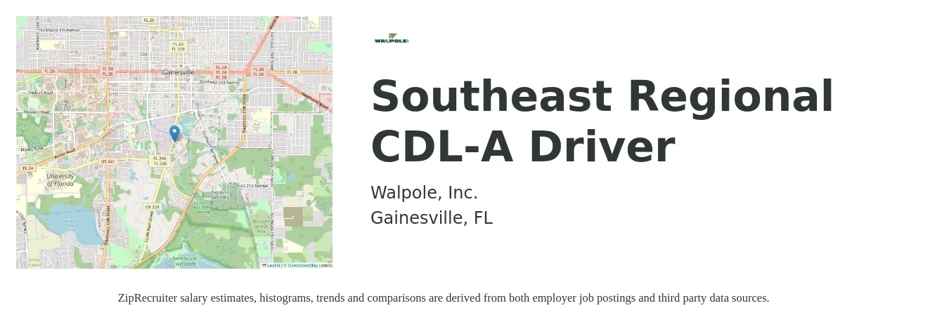 Walpole, Inc. job posting for a Southeast Regional CDL-A Driver in Gainesville, FL with a salary of $1,900 Weekly with a map of Gainesville location.