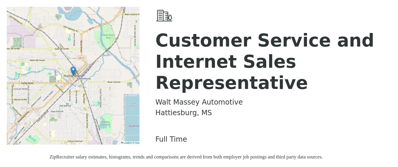 Walt Massey Automotive job posting for a Customer Service and Internet Sales Representative in Hattiesburg, MS with a salary of $18 to $27 Hourly with a map of Hattiesburg location.