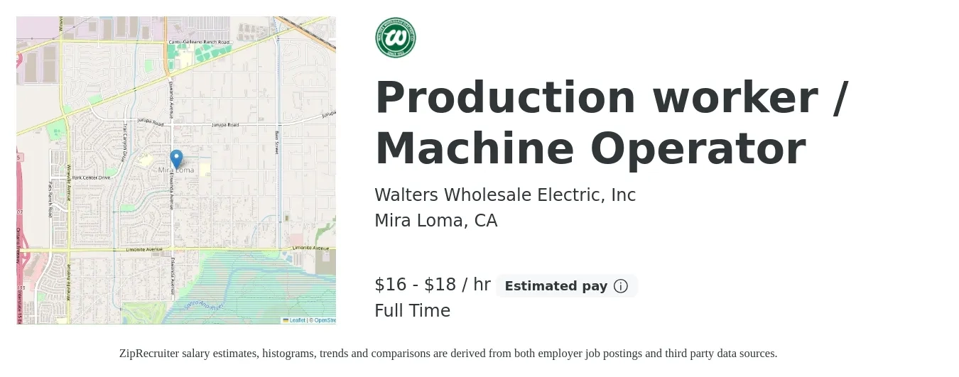 Walters Wholesale Electric, Inc job posting for a Production worker / Machine Operator in Mira Loma, CA with a salary of $17 to $19 Hourly with a map of Mira Loma location.