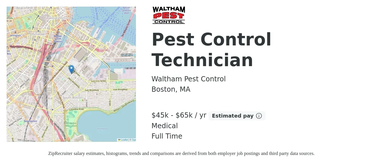 Waltham Pest Control job posting for a Pest Control Technician in Boston, MA with a salary of $45,000 to $65,000 Yearly (plus commission) and benefits including retirement, medical, and pto with a map of Boston location.