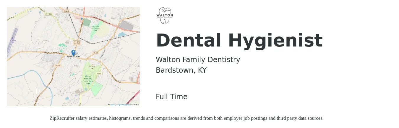 Walton Family Dentistry job posting for a Dental Hygienist in Bardstown, KY with a salary of $34 to $44 Hourly with a map of Bardstown location.
