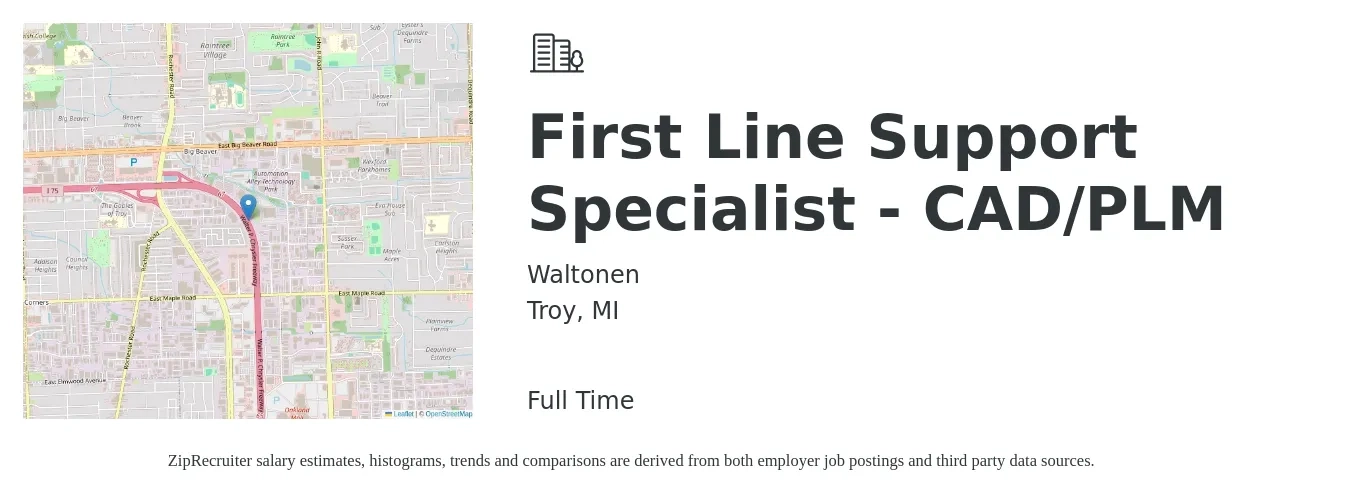 Waltonen job posting for a First Line Support Specialist - CAD/PLM in Troy, MI with a salary of $20 to $30 Hourly with a map of Troy location.