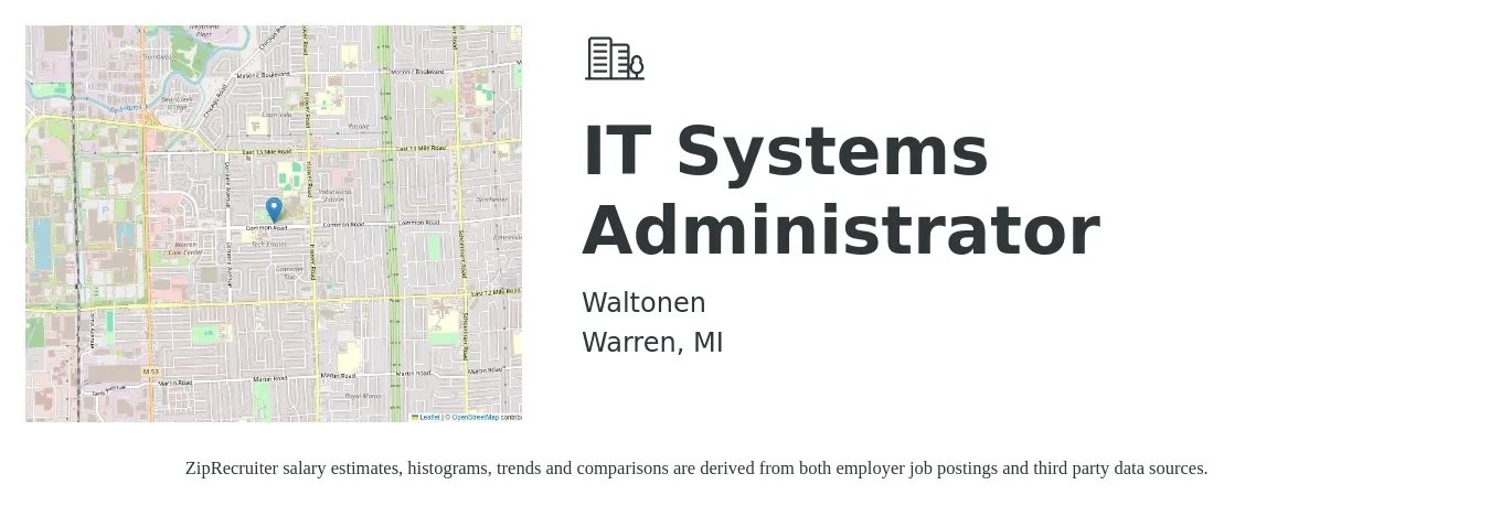 Waltonen job posting for a IT Systems Administrator in Warren, MI with a salary of $63,500 to $89,500 Yearly with a map of Warren location.