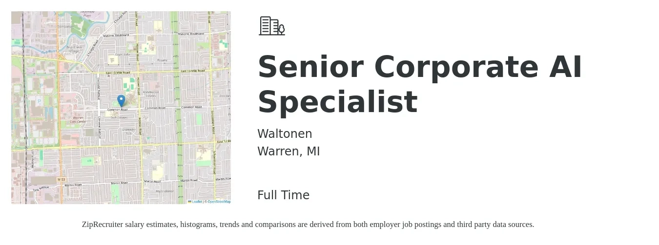 Waltonen job posting for a Senior Corporate AI Specialist in Warren, MI with a salary of $61,500 to $92,500 Yearly with a map of Warren location.