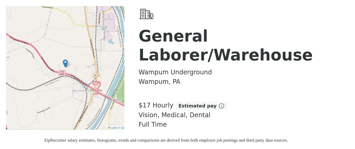 Wampum Underground job posting for a General Laborer/Warehouse in Wampum, PA with a salary of $18 Hourly and benefits including pto, retirement, vision, dental, life_insurance, and medical with a map of Wampum location.