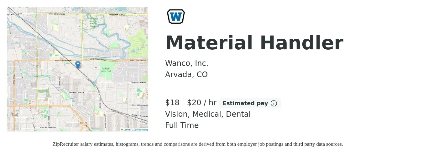 Wanco, Inc. job posting for a Material Handler in Arvada, CO with a salary of $19 to $21 Hourly and benefits including medical, pto, vision, dental, and life_insurance with a map of Arvada location.
