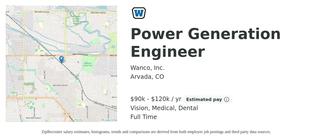 Wanco, Inc. job posting for a Power Generation Engineer in Arvada, CO with a salary of $90,000 to $120,000 Yearly and benefits including retirement, vision, dental, life_insurance, and medical with a map of Arvada location.