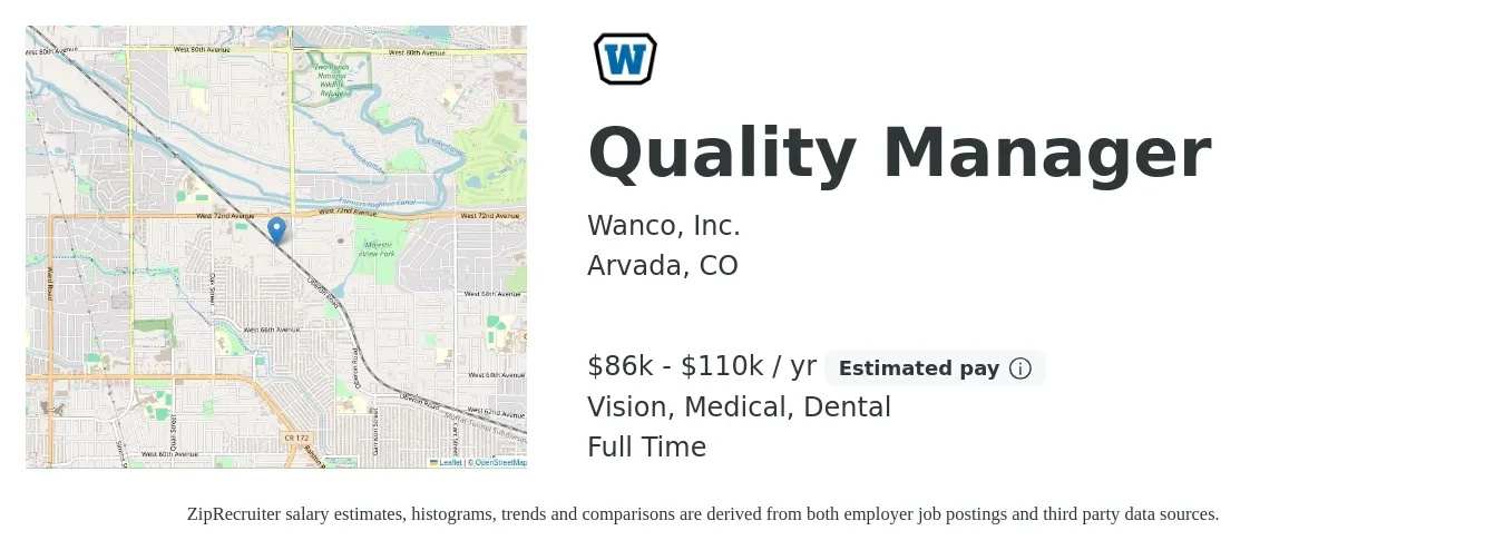 Wanco, Inc. job posting for a Quality Manager in Arvada, CO with a salary of $86,000 to $110,000 Yearly and benefits including dental, life_insurance, medical, retirement, and vision with a map of Arvada location.