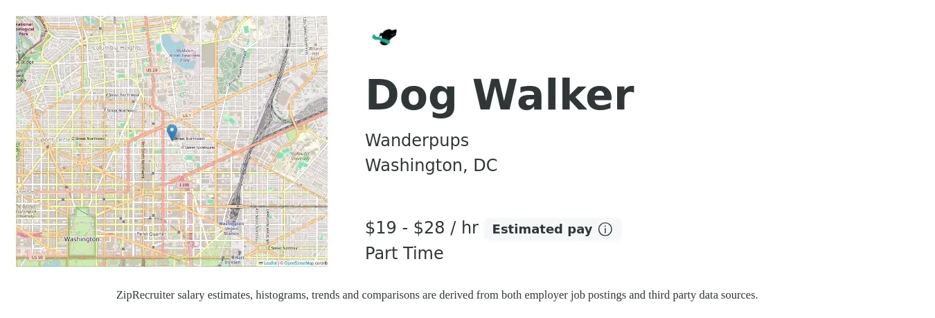 Wanderpups job posting for a Dog Walker in Washington, DC with a salary of $20 to $30 Hourly with a map of Washington location.