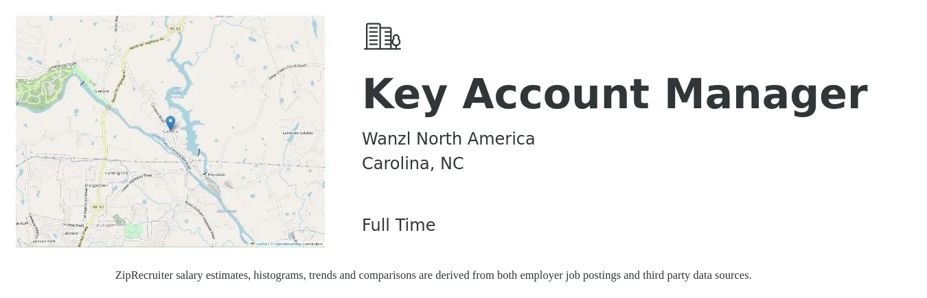 Wanzl North America job posting for a Key Account Manager in Carolina, NC with a salary of $64,900 to $98,700 Yearly with a map of Carolina location.