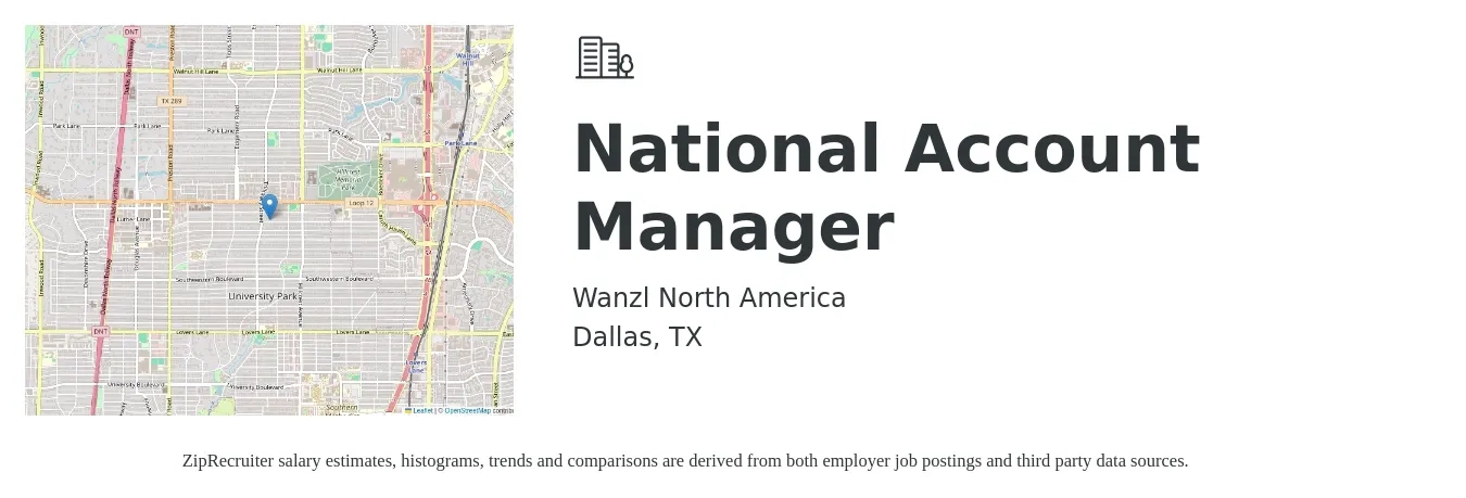 Wanzl North America job posting for a National Account Manager in Dallas, TX with a salary of $96,000 to $123,700 Yearly with a map of Dallas location.