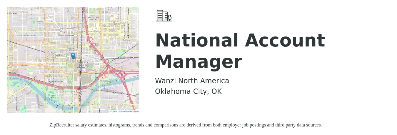 Wanzl North America job posting for a National Account Manager in Oklahoma City, OK with a salary of $90,100 to $116,100 Yearly with a map of Oklahoma City location.