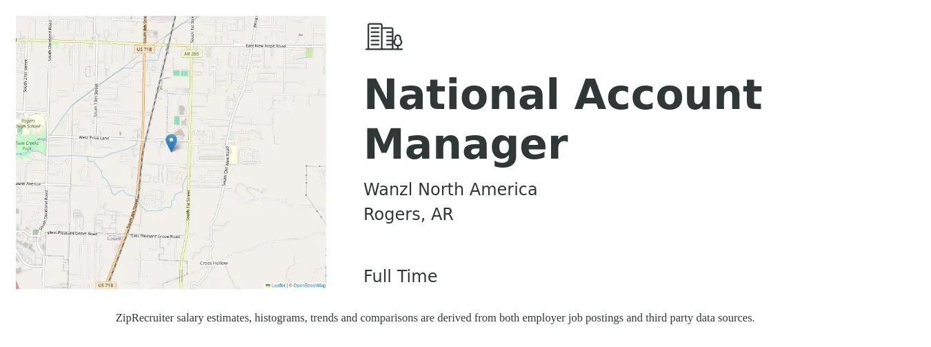 Wanzl North America job posting for a National Account Manager in Rogers, AR with a salary of $81,300 to $104,700 Yearly with a map of Rogers location.
