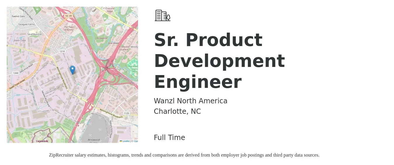 Wanzl North America job posting for a Sr. Product Development Engineer in Charlotte, NC with a salary of $90,800 to $115,700 Yearly with a map of Charlotte location.