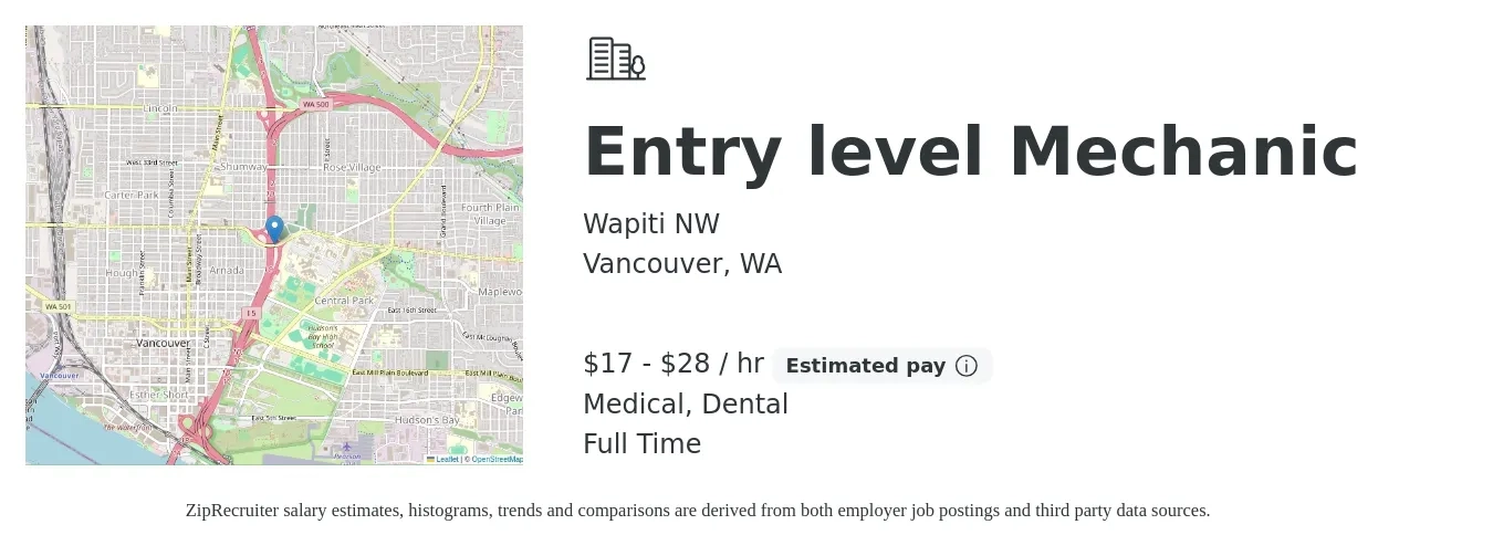 Wapiti NW job posting for a Entry level Mechanic in Vancouver, WA with a salary of $18 to $30 Hourly and benefits including medical, pto, and dental with a map of Vancouver location.