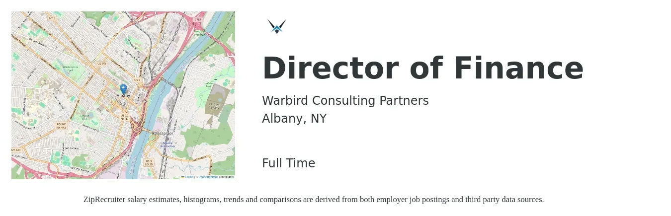 Warbird Consulting Partners job posting for a Director of Finance in Albany, NY with a salary of $99,800 to $151,900 Yearly with a map of Albany location.
