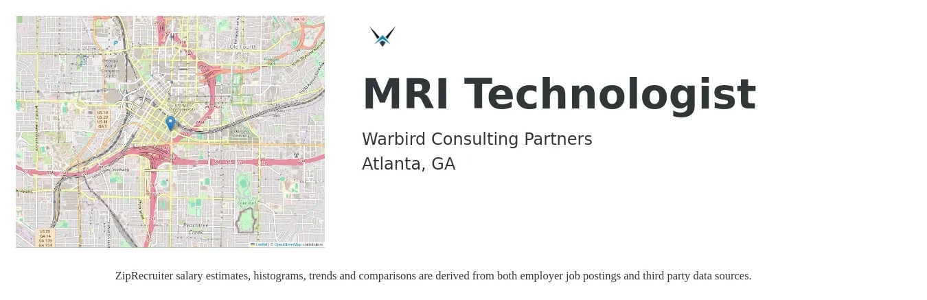 Warbird Consulting Partners job posting for a MRI Technologist in Atlanta, GA with a salary of $1,610 to $2,600 Weekly with a map of Atlanta location.