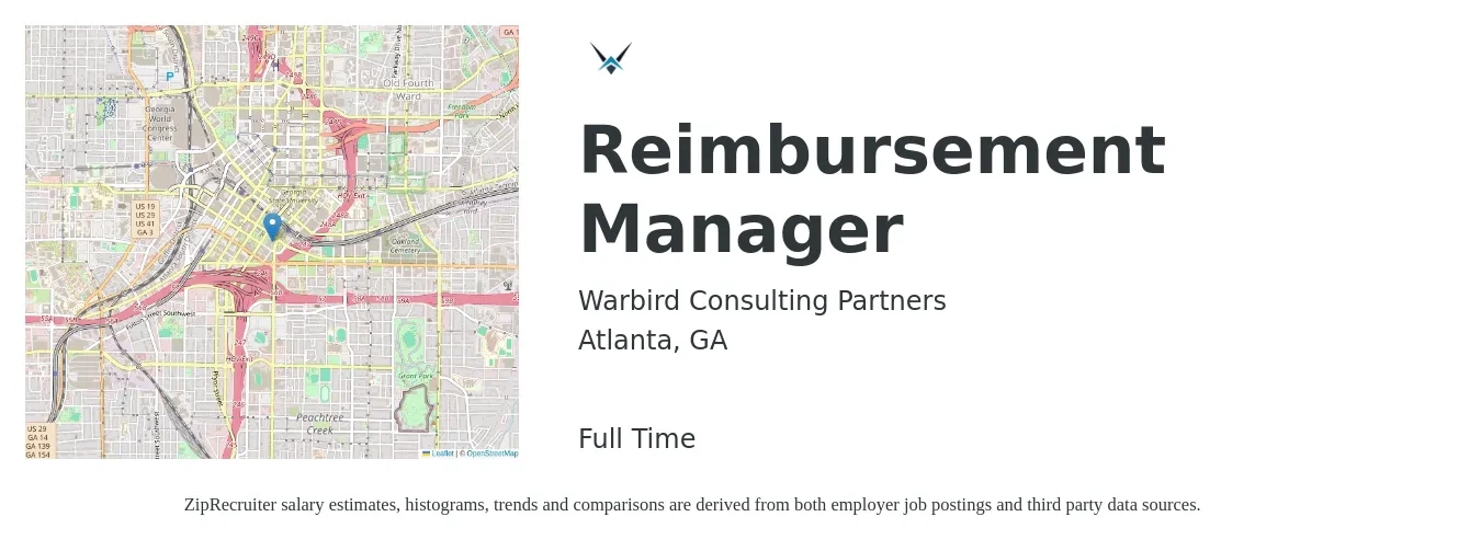 Warbird Consulting Partners job posting for a Reimbursement Manager in Atlanta, GA with a salary of $77,500 to $105,900 Yearly with a map of Atlanta location.