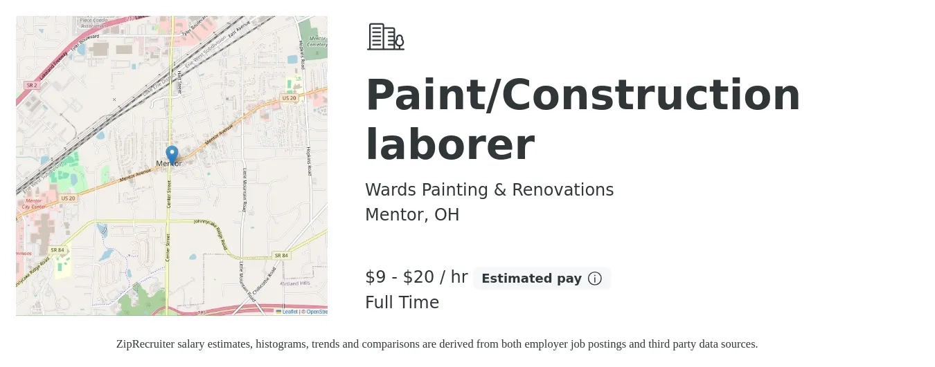Wards Painting & Renovations job posting for a Paint/Construction laborer in Mentor, OH with a salary of $10 to $21 Hourly with a map of Mentor location.
