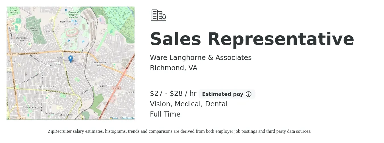 Ware Langhorne & Associates job posting for a Sales Representative in Richmond, VA with a salary of $29 to $30 Hourly and benefits including vision, dental, medical, and pto with a map of Richmond location.