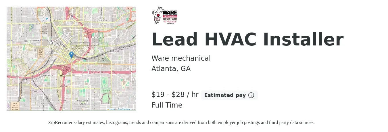 Ware mechanical job posting for a Lead HVAC Installer in Atlanta, GA with a salary of $20 to $30 Hourly with a map of Atlanta location.