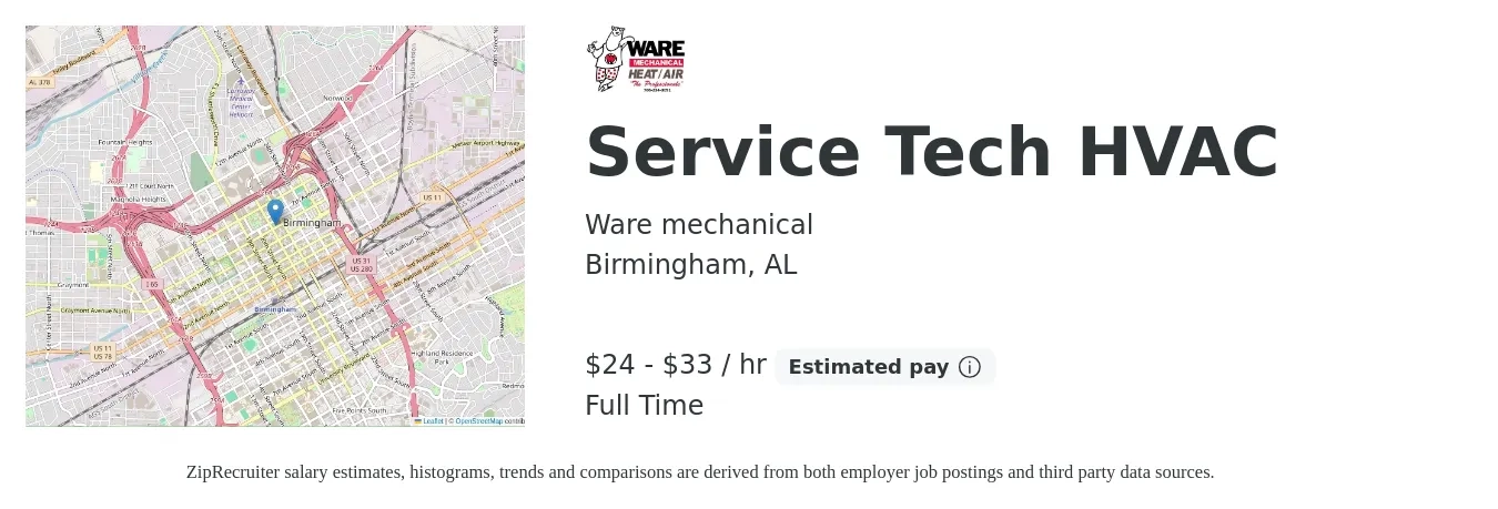 Ware mechanical job posting for a Service Tech HVAC in Birmingham, AL with a salary of $25 to $35 Hourly with a map of Birmingham location.