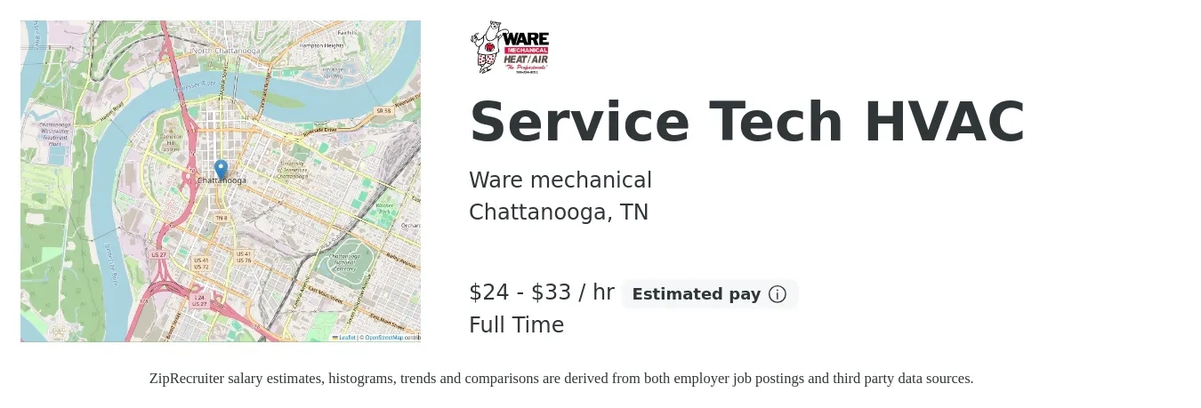 Ware mechanical job posting for a Service Tech HVAC in Chattanooga, TN with a salary of $25 to $35 Hourly with a map of Chattanooga location.