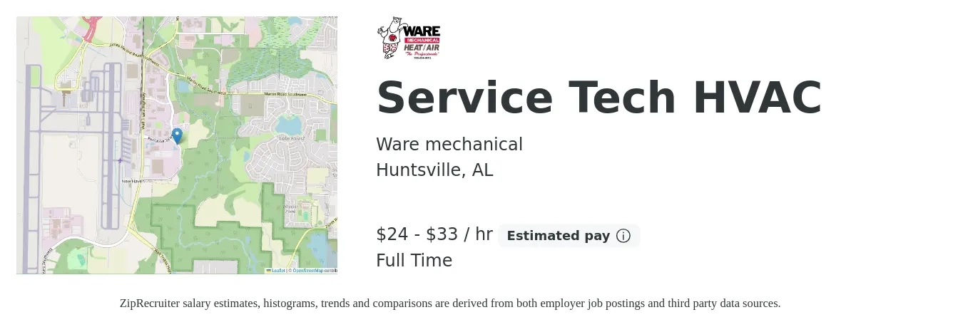 Ware mechanical job posting for a Service Tech HVAC in Huntsville, AL with a salary of $25 to $35 Hourly with a map of Huntsville location.