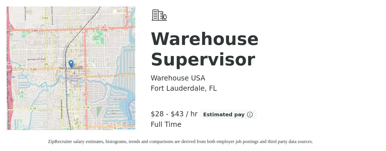 Warehouse USA job posting for a Warehouse Supervisor in Fort Lauderdale, FL with a salary of $30 to $45 Hourly with a map of Fort Lauderdale location.
