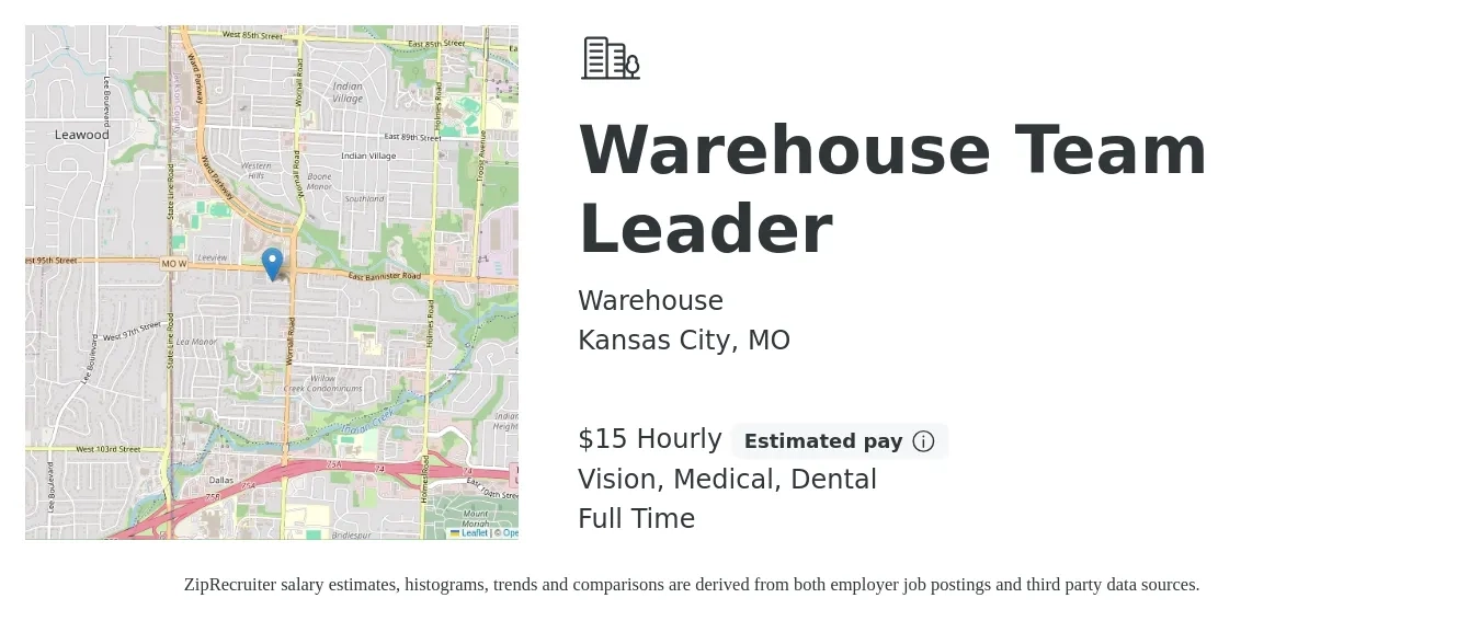 Warehouse job posting for a Warehouse Team Leader in Kansas City, MO with a salary of $16 Hourly and benefits including vision, dental, medical, and pto with a map of Kansas City location.