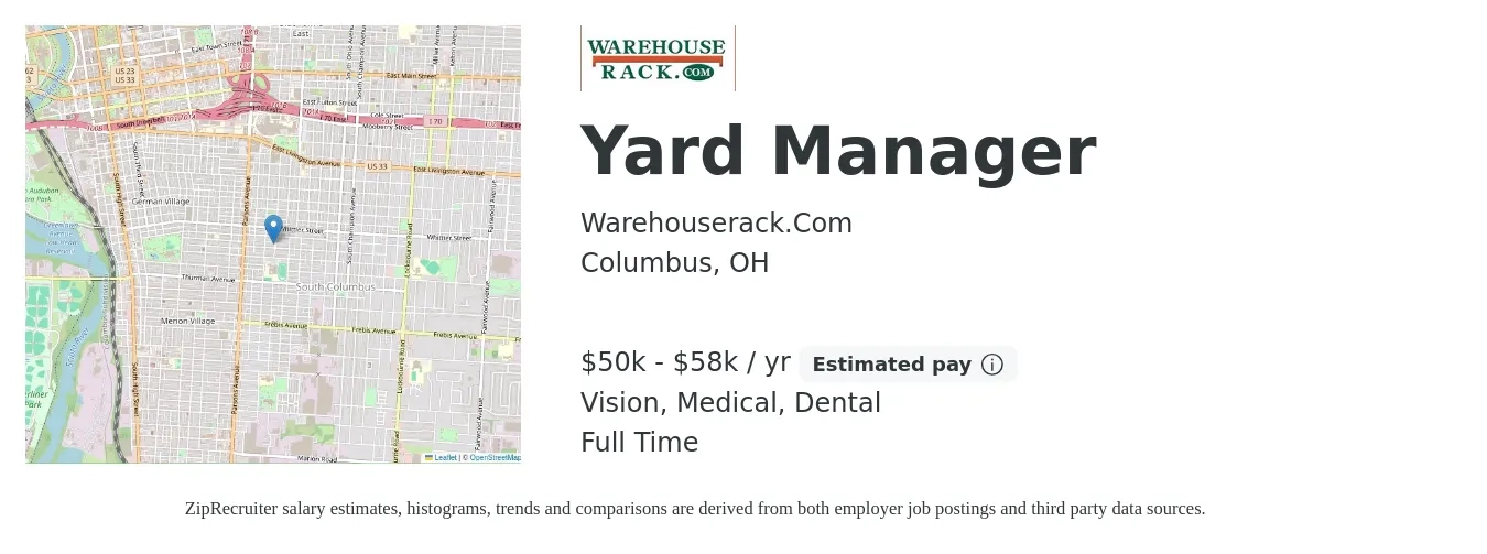 Warehouserack.Com job posting for a Yard Manager in Columbus, OH with a salary of $50,000 to $58,000 Yearly and benefits including dental, life_insurance, medical, retirement, and vision with a map of Columbus location.