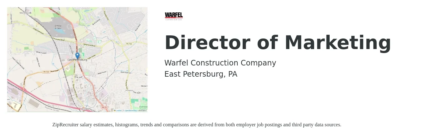 Warfel Construction job posting for a Director of Marketing in East Petersburg, PA with a salary of $69,100 to $127,200 Yearly with a map of East Petersburg location.